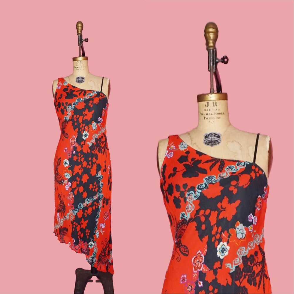 Y2K EVA BLUE Asymmetrical BUTTERFLY Floral Print Beaded Slip Dress. S-M. AS IS
